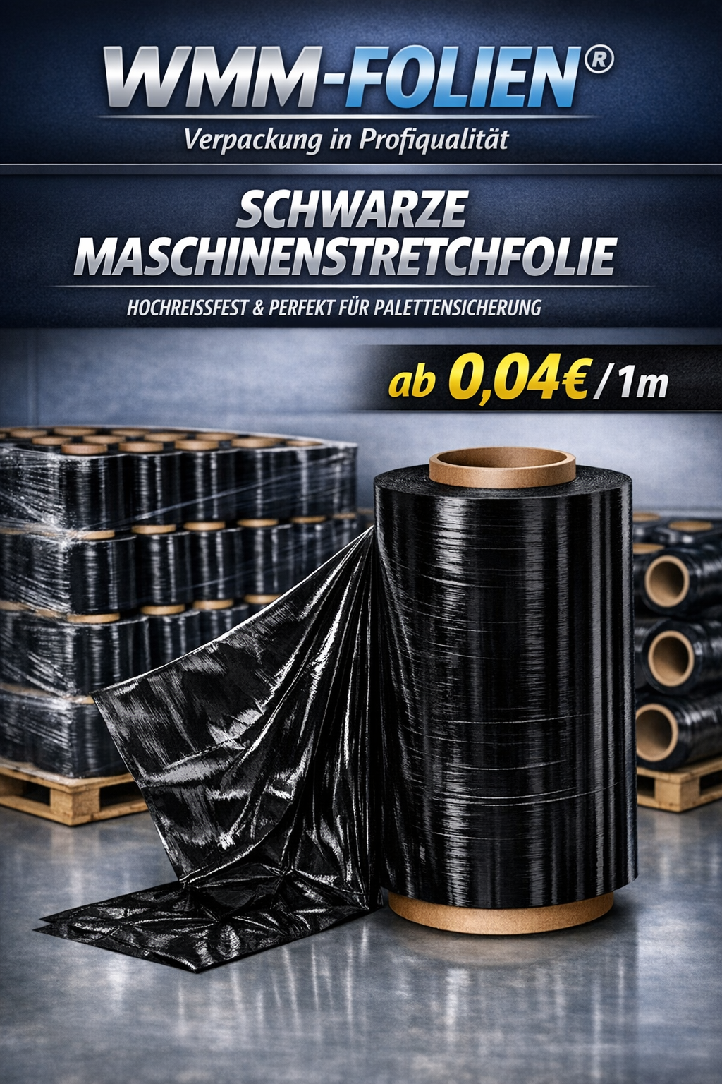 Maschinen Stretchfolie 23µ Schwarz  – Hochleistungsfolie für professionelle Paletten­sicherung